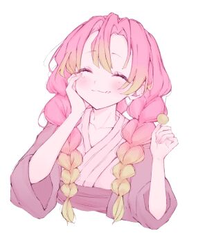 1girl :3 blush braid closed_eyes commentary cropped_torso dango food food_on_face gradient_hair green_hair hair_between_eyes hair_over_shoulder hand_on_own_cheek hand_on_own_face highres holding holding_food japanese_clothes kanroji_mitsuri kimetsu_no_yaiba long_hair mole mole_under_each_eye mole_under_eye multicolored_hair multiple_braids multiple_moles parted_bangs pink_hair sanshoku_dango sarano_814 smile solo symbol-only_commentary wagashi white_background
