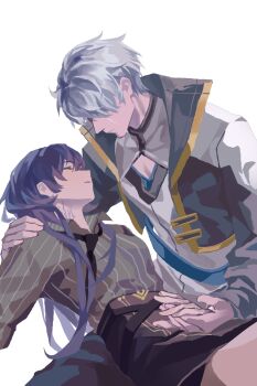 1boy 1girl artist_request black_jacket black_necktie black_pants black_skirt cleavage_cutout closed_eyes clothing_cutout collared_shirt commentary_request commission couple cracked_skin cropped_jacket death diamond_cutout face-to-face grey_shirt hair_between_eyes hand_on_another's_shoulder highres holding_hands honkai_(series) honkai_impact_3rd jacket kevin_kaslana long_hair long_sleeves loose_necktie lying_on_person mei_(honkai_impact) miniskirt mixed-language_commentary necktie no_lineart open_clothes open_collar open_jacket pants parted_lips pencil_skirt pinstripe_pattern pinstripe_shirt popped_collar profile purple_hair sad second-party_source shiregotoaka shirt short_hair simple_background skirt spoilers tears very_long_hair very_short_hair white_background white_hair white_shirt wing_collar