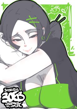 1girl absurdres apron artist_name border breasts cleavage closed_mouth commentary english_commentary green_apron green_background grey_eyes grey_hair grey_shirt highres jrpencil large_breasts looking_at_viewer original outside_border parted_bangs shirt short_hair short_sleeves smile solo upper_body white_border