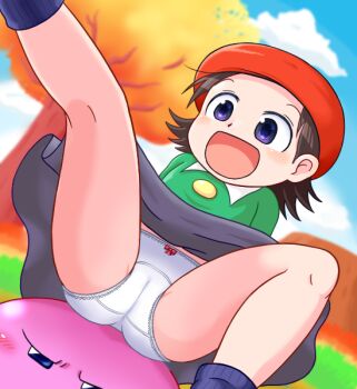 1boy 1girl adeleine alien angry annoyed autumn_leaves beret black_hair black_skirt black_socks blush bow bow_panties cloud colored_skin crotch_seam grass green_sweater hat kazuma_(tawatech_c) kirby kirby_(series) kirby_64 leaf loli long_sleeves nintendo open_mouth panties pink_skin purple_eyes red_bow red_hat short_hair sitting sitting_on_head sitting_on_person skirt sky smile socks spread_legs sweater tree underwear white_panties
