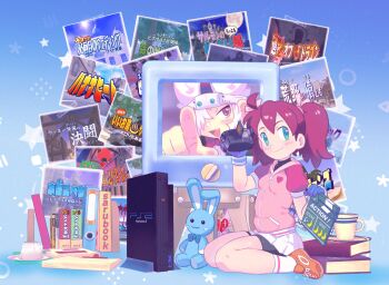 1girl ahoge bike_shorts bike_shorts_under_skirt black_shirt black_shorts blue_bow blue_bowtie blue_eyes blue_gloves book bow bowtie breasts brown_hair camcorder camera clapperboard closed_mouth commentary crt cup fang food game_console game_screenshot_inset gloves hair_over_one_eye hands_up heart highres holding holding_camera jacket medium_hair miniskirt open_mouth orange_shoes photo_(object) pink_jacket playstation_2 pointing pointing_at_viewer pudding red_eyes saru_getchu saru_jia saucer sayaka_(saru_getchu) shirt shoes short_sleeves shorts sitting skirt small_breasts smile sneakers socks solo specter_(saru_getchu) stuffed_animal stuffed_rabbit stuffed_toy teacup television thighs twintails video_camera video_game wariza white_hair white_skirt white_socks