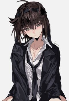 Rule 34 | 1girl, alternate costume, aogisa, black headband, black jacket, black necktie, brown hair, closed mouth, collarbone, collared shirt, green eyes, grey background, hachimaki, hair flaps, hatsuzuki (kancolle), headband, highres, jacket, kantai collection, looking at viewer, necktie, open clothes, shirt, simple background, solo, upper body, white shirt