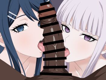 2girls bar_censor blue_eyes blue_hair censored cooperative_fellatio danganronpa_(series) dark-skinned_male dark_skin erection eyelashes fellatio grey_hair hair_ornament hairclip hetero highres interracial kirigiri_kyoko large_penis licking licking_penis long_hair looking_at_viewer maizono_sayaka migikoba multiple_girls netorare open_mouth oral penis pov pov_crotch purple_eyes teamwork_(sexual) textless_version tongue tongue_out veins veiny_penis very_dark_skin