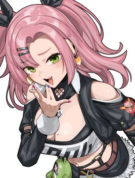 Rule 34 | 1girl, absurdres, amillion (zenless zone zero), bangboo (zenless zone zero), bare shoulders, belt, black jacket, black shorts, breasts, brown belt, cleavage, commentary request, crop top, earrings, green eyes, hair ornament, hairclip, heart, heart earrings, highres, jacket, jewelry, large breasts, looking at viewer, midriff, mole, mole on breast, multicolored nails, navel, nicole demara, open mouth, parallel hairclips, pink hair, shorts, simple background, smile, solo, teeth, two side up, upper teeth only, white background, yoshida tatsuya, zenless zone zero