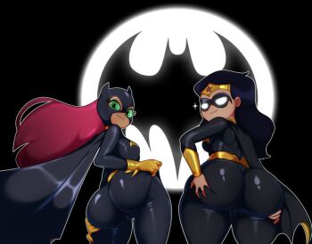 ass batman_(cosplay) black_hair dc_comics diana_prince huge_ass long_hair looking_back oddrich red_hair starfire teen_titans teen_titans_go! wonder_woman