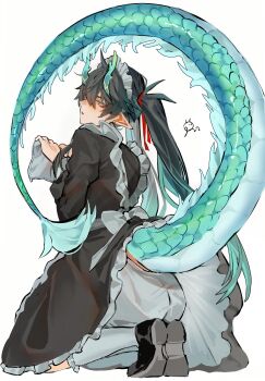 1boy absurdres alternate_costume apron arms_up back_bow black_hair black_shoes bow crossdressing crossdressing_(mtf) dan_heng_(honkai:_star_rail) dan_heng_(imbibitor_lunae)_(honkai:_star_rail) dragon_boy dragon_horns dragon_tail dress eastern_dragon_horns enmaided frilled_apron frilled_dress frills from_behind full_body gradient_hair green_hair hair_ribbon highres holding honkai:_star_rail honkai_(series) horns leggings long_hair long_sleeves looking_at_viewer looking_back maid maid_apron male_focus male_maid multicolored_hair parted_bangs pointy_ears ponytail r_moonl red_ribbon ribbon shoes simple_background solo tail very_long_hair white_background white_bow white_leggings