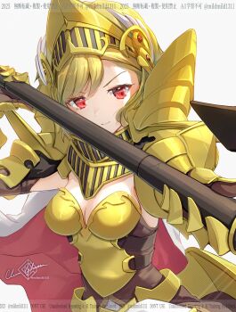 1girl absurdres armor blonde_hair breastplate breasts brown_dress cape citrinne_(fire_emblem) clear_glass_(mildmild1311) cleavage closed_mouth dress feather_hair_ornament feathers fire_emblem fire_emblem_engage gauntlets gold_armor hair_ornament helmet highres holding holding_polearm holding_weapon medium_breasts nintendo polearm red_cape red_eyes short_hair shoulder_armor simple_background smile solo weapon white_cape