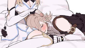 1boy 1girl absurdres black_gloves blonde_hair blush breasts brown_hair commentary detached_sleeves dress english_commentary genshin_impact gloves hand_on_another's_head hetero highres lap_pillow large_breasts lower_eyelashes_only lumine_(genshin_impact) lying lyney_(genshin_impact) nana_illust nose_blush on_stomach open_mouth purple_eyes sitting solo_focus twitter_username white_dress