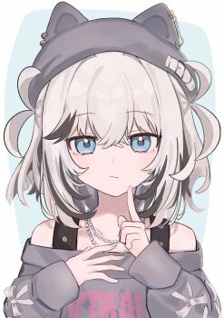 1girl animal_ears animal_hat black_hair blue_background blue_eyes chain chain_necklace closed_mouth dog_ears dog_girl dog_hat grey_hair grey_hat grey_sweater hands_up hat highres jewelry kmnz looking_at_viewer maplecaramel medium_hair multicolored_hair necklace off-shoulder_sweater off_shoulder portrait solo sweater tina_(kmnz) two-tone_hair two_side_up virtual_youtuber