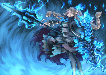 1girl aohonou_no_kyuukoku_(grimms_notes) bandages_over_clothes black_ribbon blue_fire braid breasts chaos_match_girl_(grimms_notes) covered_eyes fiery_background fire grey_hair grey_pantyhose grimms_notes hair_over_one_eye highres holding holding_polearm holding_shield holding_weapon kosai_takayuki laughing long_hair long_sleeves pantyhose patchwork_clothes polearm profile puffy_long_sleeves puffy_sleeves ribbon shield solo standing teeth twin_braids upper_teeth_only veil very_long_hair weapon