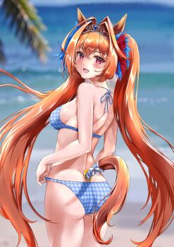1girl absurdres animal_ears ass bare_shoulders beach bikini blue_bikini blush breasts brown_hair daiwa_scarlet_(umamusume) hair_between_eyes hair_intakes highres horse_ears horse_girl horse_tail large_breasts long_hair looking_at_viewer looking_back miki_lutecia ocean open_mouth outdoors red_eyes smile solo swimsuit tail tiara twintails umamusume very_long_hair water