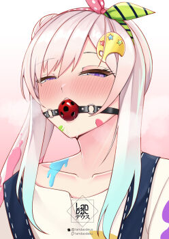 airani_iofifteen airani_iofifteen_(1st_costume) ball_gag blush drooling gag hair_bun hololive hololive_indonesia landacdeus long_hair overalls palette_hair_ornament pink_hair purple_eyes simple_background virtual_youtuber