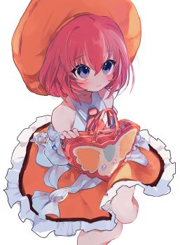 1girl absurdres ascot bag bare_shoulders beret blue_eyes blush character_bag detached_sleeves dress_shirt frilled_skirt frills hair_between_eyes hat highres holding holding_bag looking_up nancykittyu noishe orange_hat orange_skirt parted_lips red_ascot red_hair seles_wilder shirt short_hair simple_background sitting skirt sleeveless sleeveless_shirt solo tales_of_(series) tales_of_symphonia white_background white_shirt