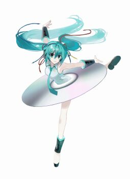 1girl aqua_eyes aqua_hair aqua_necktie black_sleeves cd closed_eyes collared_shirt commentary_request detached_sleeves floating_hair full_body hair_between_eyes hair_ribbon hatsune_miku highres leg_up long_hair looking_at_viewer necktie red_ribbon ribbon samsap shirt simple_background sleeveless sleeveless_shirt smile solo standing standing_on_one_leg twintails very_long_hair vocaloid white_background white_shirt