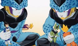 Rule 34 | 2boys, cell (dragon ball), cell junior, character doll, commentary request, doll, dragon ball, dragonball z, highres, holding, holding doll, indian style, male focus, multiple boys, perfect cell, red eyes, sitting, son gohan, son goku, super saiyan, super saiyan 1, takumi1230g, vegeta