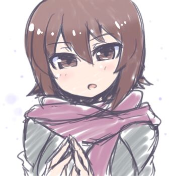 1girl breasts brown_eyes brown_hair commentary_request dress_shirt girls_und_panzer grey_shirt interlocked_fingers kabe_kitago kuromorimine_school_uniform large_breasts long_sleeves looking_at_viewer nishizumi_maho open_mouth purple_scarf scarf school_uniform shirt short_hair solo upper_body