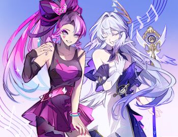 Rule 34 | 2girls, bare shoulders, blue hair, bow, breasts, cookie run, cookie run: kingdom, crossover, detached sleeves, dress, gloves, hair between eyes, hair bow, halo, highres, honkai: star rail, honkai (series), humanization, jewelry, long hair, looking at viewer, multicolored hair, multiple girls, open mouth, pink hair, robin (honkai: star rail), shining glitter cookie, skirt, smile, two-tone hair, very long hair, white dress, white gloves, wings, yaojingwangchudi