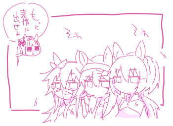 animal_ears beer_hsk bow braid commentary_request cropped_torso crown_braid ear_bow ear_covers ear_ribbon gold_ship_(umamusume) hair_between_eyes hat horse_ears jacket kin'iro_ryotei_(umamusume) long_hair low_ponytail mini_hat monochrome nakayama_festa_(umamusume) open_clothes open_jacket orfevre_(old_design)_(umamusume) pink_theme ponytail shirt umamusume white_background