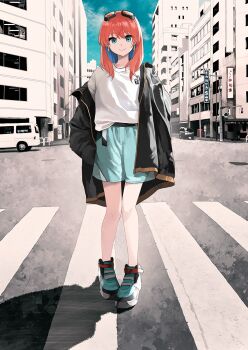 Rule 34 | 1girl, aqua shoes, black jacket, blue shorts, building, city, facing viewer, glasses on head, green eyes, hair between eyes, highres, jacket, looking at viewer, morifumi, red hair, road, shadow, shirt, shoes, short shorts, shorts, street, virtual youtuber, white shirt