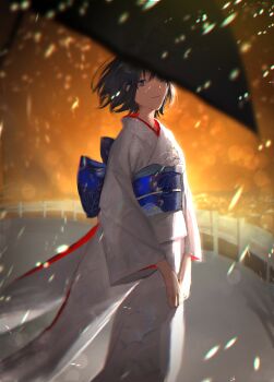 Rule 34 | 1girl, absurdres, black eyes, black hair, blue sash, commentary, guard rail, highres, japanese clothes, kara no kyoukai, kimono, layered kimono, light smile, long sleeves, obi, outdoors, pov, red kimono, ryougi shiki, sash, short hair, snow, snowing, solo, ubwmitekure, umbrella, void shiki, white kimono