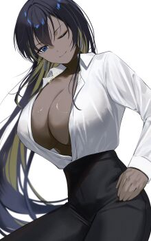 Rule 34 | 1girl, absurdres, black hair, black pants, blonde hair, blue eyes, breasts, cleavage, closed mouth, collared shirt, commentary, dark-skinned female, dark skin, fujisaki subaru, goddess of victory: nikke, high ponytail, highres, large breasts, long hair, looking at viewer, multicolored hair, noise (nikke), one eye closed, open clothes, open shirt, pants, ponytail, shirt, simple background, smile, solo, two-tone hair, white background, white shirt, wings