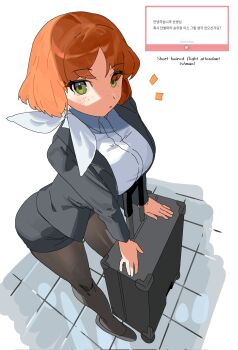 1girl black_shoes black_skirt brown_pantyhose commentary flight_attendant freckles green_eyes highres ishmael_(project_moon) jacket limbus_company looking_at_viewer marshmallow_(site) neckerchief open_mouth orange_hair pantyhose pencil_skirt pink_jacket project_moon request_inset shirt shoes short_hair skirt solo suitcase symbol-only_commentary travel_attendant white_neckerchief white_shirt yongsadragon