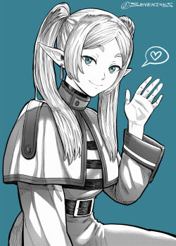 1girl aqua_eyes belt blue_background capelet commentary earrings frieren greyscale heart highres jewelry long_hair monochrome pointy_ears seveninks shirt skirt smile solo sousou_no_frieren spoken_heart spot_color striped_clothes striped_shirt thick_eyebrows twintails twitter_username upper_body waving
