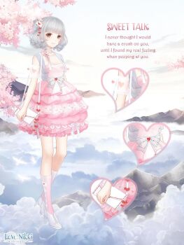 1girl artist_request bag bare_shoulders blunt_bangs boots bow bow_choker bowtie branch breasts brown_eyes bubble_skirt character_name cherry_blossoms choker cleavage close-up closed_mouth cloud collared_vest copyright_logo dawn detached_sleeves dot_nose dress dress_bow earrings english_text envelope_earrings envelope_hair_ornament envelope_print eyelashes flower frilled_choker frilled_dress frilled_sleeves frills full_body grey_hair grey_vest hair_bun hair_ornament happy heart heart_hair_ornament heart_print high_heel_boots high_heels jewelry kneehighs lace-up_boots letter light_blush logo looking_at_viewer love_letter medium_breasts miracle_nikki mountain nikki_(series) official_art open_clothes open_vest outdoors pink_bow pink_bowtie pink_choker pink_dress pink_flower pink_socks print_sleeves print_socks puffy_short_sleeves puffy_sleeves ringlets see-through_clothes see-through_sleeves short_dress short_hair short_sleeves shoulder_bag single_side_bun skirt sleeveless sleeveless_dress smile socks solo spring_(season) standing striped_bow sweet_talk_(miracle_nikki) tareme third-party_source valentine vest waist_bow white_background white_boots white_bow white_sleeves