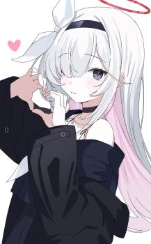 1girl :3 arm_up arms_up bare_shoulders black_choker black_coat black_hairband black_serafuku black_skirt blue_archive bow choker coat colored_inner_hair dot_nose facing_to_the_side grey_eyes hair_over_eyes hairband halo heart heart_hands highres kanimiso30601 light_blush long_sleeves looking_at_viewer multicolored_hair neckerchief pink_hair plana_(blue_archive) pleated_skirt red_halo red_pupils school_uniform serafuku sidelocks simple_background single_off_shoulder skirt solo spoken_heart string undressing white_background white_bow white_hair white_neckerchief