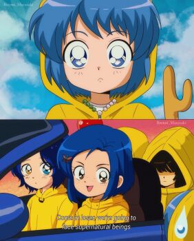 1980s_(style) 1boy 4girls :&lt; balloon bead_necklace beads black_hair blue_car blue_hair blue_sky brenni_murasaki brown_eyes butterfly_hair_ornament cane car convertible coraline coraline_(movie) coraline_jones crossover driving expressionless eyelashes freckles georgie_denbrough hair_ornament hairclip heterochromia highres holding holding_cane holding_staff hood hood_down hood_up it_(stephen_king) jewelry jubilee_2025 little_nightmares luce_(jubilee_2025) mean_girls medium_hair meme motor_vehicle multiple_crossover multiple_girls necklace oldschool ooto_ai open_mouth parody raincoat retro_artstyle rosary scene_reference short_hair sideways_glance six_(little_nightmares) sky smile staff style_parody sweatdrop trait_connection twitter_username wide-eyed wonder_egg_priority yellow_eyes yellow_raincoat