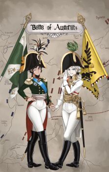 2girls austerlitz austria badge banner battle_of_austerlitz battle_standard bicorne black_boots blue_eyes blue_sash boots braid breeches brown_eyes brown_hair coat cockade double-headed_eagle english_text epaulettes finial flag full_body gloves gold_trim golden_sash green_jacket green_plume grin hand_on_own_face hand_on_own_hip hat high_collar highres holding_hands imperial_austrian_army imperial_russian_army jacket katyusha_(98269886) knee_boots map medal military military_uniform mole mole_under_eye multiple_girls napoleonic_wars one_eye_closed original pants plume red_lining red_sash red_trim russian_empire saber_(weapon) sash scabbard sheath short_hair smile spurs standard_finial standing sword sword_knot symbolism tassel teasing title waist_sash weapon white_gloves white_hair white_jacket white_pants white_sash