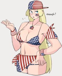 Rule 34 | 1girl, america (ohasi), american flag, american flag bikini, american flag print, backwards hat, bikini, blonde hair, blue eyes, breasts, cleavage, collarbone, english text, flag print, hat, large breasts, long hair, looking at viewer, navel, ohasi, open mouth, original, print swimsuit, sarong, simple background, solo, swimsuit, white background