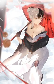 1girl 2026 absurdres bare_shoulders bell black_gloves black_hair blurry blurry_background breasts collarbone commentary dot_nose gloves hair_bun happy_new_year highres holding holding_umbrella hololive hololive_english japanese_clothes kimono kurochanai large_breasts light_smile long_hair long_sleeves looking_at_viewer multicolored_hair new_year oil-paper_umbrella outdoors see-through_clothes see-through_gloves shiori_novella snowflakes two-tone_hair umbrella umbrella_over_shoulder virtual_youtuber white_hair white_kimono wide_sleeves winter yellow_eyes