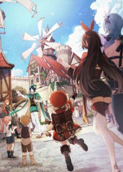 3boys 5girls amber_(genshin_impact) arm_up backpack bag bag_charm bard beret bird black_gloves blonde_hair blue_cape blue_hair blue_sky boots braid brown_boots brown_gloves brown_hair brown_shorts building newsboy_cap cape charm_(object) closed_eyes cloud coat collared_cape commentary_request con_potata crossed_arms diluc_(genshin_impact) dodoco_(genshin_impact) dutch_angle eula_(genshin_impact) feathers flower fountain frills from_behind genshin_impact gloves gradient_hair green_cape green_hat green_shorts hair_between_eyes hair_ribbon hat hat_feather hat_flower hat_ornament high-waist_shorts highres jacket jean_(genshin_impact) jumping kaeya_(genshin_impact) klee_(genshin_impact) lisa_(genshin_impact) long_hair low_ponytail low_twintails medium_hair multicolored_hair multiple_boys multiple_girls open_mouth outdoors pink_hair pointy_ears ponytail red_coat red_hair red_hat red_jacket red_ribbon red_thighhighs ribbon short_hair_with_long_locks shorts sky standing stone_floor thigh_boots thighhighs thighs twin_braids twintails venti_(genshin_impact) white_boots white_feathers white_gloves windmill