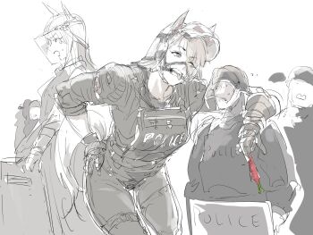 2girls alternate_costume alternate_size animal_ears arm_around_shoulder ballistic_shield bridle carrot ear_covers gloves gold_ship_(umamusume) hand_on_own_hip helmet highres horse_ears horse_girl horse_tail leaning_on_person monochrome multiple_girls osakana_(denpa_yun&#039;yun) police police_uniform riot_shield shield size_difference sketch spot_color sweatdrop tail tall_female tongue tongue_out umamusume white_hair
