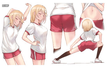 1girl arms_up ass black_socks blonde_hair blush breasts closed_eyes clothes_lift exercising gym_shirt gym_shorts gym_uniform hair_ornament highres hololive hololive_english kneehighs medium_breasts midriff multiple_views navel open_mouth pantylines shirt shirt_lift shoes short_hair shorts simple_background socks stretching tfqr virtual_youtuber watson_amelia white_background