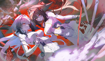 2girls absurdres animal_ear_fluff animal_ears armlet black_hair breasts brown_hair brown_tail china_dress chinese_clothes clover clover_hair_ornament commentary commentary_request covered_navel cowboy_shot dress droopy_ears dual_persona english_commentary evil_grin evil_smile floating floating_object floating_sword floating_weapon gradient_hair grin hair_ornament hairband highres iri/yin_lang jewelry leg_tattoo long_hair looking_at_viewer medium_breasts mixed-language_commentary multicolored_hair multiple_girls multiple_swords parted_lips pelvic_curtain red_eyes red_hair silver_armlet smile sword tail tattoo very_long_hair weapon white_dress white_hair white_hairband white_tail ye_shunguang yellow_nails zenless_zone_zero