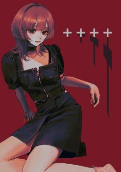 Rule 34 | 1girl, absurdres, black choker, black dress, black eyes, black skirt, choker, closed mouth, collarbone, cross background, dress, eyelashes, eyeliner, feet out of frame, hair between eyes, highres, light smile, lips, looking at viewer, lui n24, makeup, medium hair, nose, original, red background, red eyeliner, red hair, red socks, short sleeves, sitting, skirt, socks, solo, wolf cut, yokozuwari, zipper, zipper pull tab