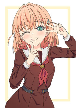 1girl ;q absurdres aqua_eyes blush breasts brown_dress commentary_request cowboy_shot double_v dress hair_ornament highres hinoshita_kaho inset_border inward_v kara_iroha link!_like!_love_live! long_sleeves looking_at_viewer love_live! medium_breasts medium_hair neckerchief one_eye_closed orange_hair outside_border pleated_dress rabbit_hair_ornament red_neckerchief sailor_collar sailor_dress simple_background smile solo tongue tongue_out two_side_up v v_over_eye virtual_youtuber white_background white_sailor_collar winter_uniform yellow_background