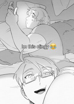 2boys ahoge america_(hetalia) axis_powers_hetalia blanket blush cellphone chinese_commentary closed_mouth commentary_request emoji english_text fingernails from_side glasses hair_between_eyes half-closed_eyes hands_up highres holding holding_phone i'm_this_clingy_(meme) looking_at_phone looking_at_viewer lying male_focus meme multiple_boys muscular muscular_male on_bed on_side open_mouth phone pillow qia_li russia_(hetalia) semi-rimless_eyewear shirt short_hair short_shorts short_sleeves shorts smartphone smile t-shirt teeth thigh_focus thighs tongue yaoi