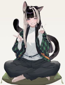 Rule 34 | 1girl, alternate costume, animal ears, barefoot, black hair, black pants, blue eyes, blunt bangs, blush, cat ears, cat tail, checkered haori, commentary, crossed legs, double v, full body, green haori, grey background, grey hair, grin, hanten (clothes), haori, hololive, hololive dev is, indian style, japanese clothes, juufuutei raden, kemonomimi mode, long hair, long sleeves, looking at viewer, multicolored hair, murechika, one ear down, pants, pillow, simple background, sitting, sitting on pillow, sketch, smile, solo, straight hair, streaked hair, sweater, sweatpants, tail, turtleneck, turtleneck sweater, two-tone hair, v, virtual youtuber, white sweater