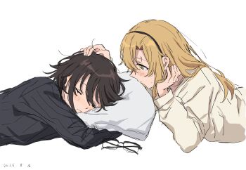 Rule 34 | 2girls, black hair, black sweater, blonde hair, blush, brown sweater, closed eyes, from side, glasses, highres, koishikawa iko, long hair, momijiyama teru, multiple girls, pillow, profile, short hair, shy (series), simple background, sleeping, sweater, takatisakana, teeth, white background, yellow eyes