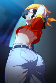 1girl arms_behind_head ass bandana belt black_belt black_eyes black_hair blue_pants breasts closed_mouth denim dragon_ball dragon_ball_gt female_focus from_behind from_below jeans loli looking_at_viewer nipples orange_bandana pan_(dragon_ball) pants red_shirt rom_(20) shirt short_hair short_sleeves sideboob small_breasts smile solo