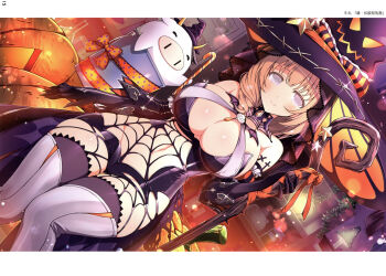 1girl absurdres black_gloves black_hat black_leotard blush breasts bucket cleavage closed_mouth clothing_cutout cow drill_hair elbow_gloves gloves halloween halloween_costume happy_halloween hat highres holding holding_staff huge_breasts indoors jack-o&#039;-lantern large_hat leotard light_smile looking_at_viewer magazine_scan medium_hair navel non-web_source official_alternate_costume official_alternate_hairstyle official_art orange_hair orange_ribbon pumpkin ribbon scan senran_kagura senran_kagura_new_link sitting skindentation smile solo spider_web_cutout staff stomach_cutout thighhighs ushiwakamaru_(senran_kagura) white_eyes witch witch_hat