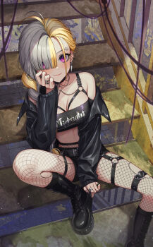 Rule 34 | 1girl, ahoge, belt, black belt, black boots, black jacket, blonde hair, boots, breasts, closed mouth, clothes writing, collarbone, commentary request, commission, ear piercing, earrings, eyebrow piercing, face piercing, fishnet pantyhose, fishnets, grey hair, highres, indie virtual youtuber, jacket, jewelry, long sleeves, multicolored hair, multiple rings, open clothes, open jacket, pantyhose, piercing, purple eyes, ring, sitting, sitting on stairs, skeb commission, solo, split-color hair, stairs, sunny splosion, suzuhiro, virtual youtuber