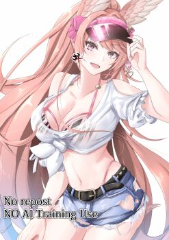 1girl alternate_costume animal_ears azur_lane belt bikini bikini_under_clothes blue_shorts breasts cleavage clothing_cutout commentary_request cowboy_shot crop_top cutoffs denim denim_shorts front-tie_top gudon_(iukhzl) halterneck hand_on_headwear hand_up heart_cutout highleg highres large_breasts long_hair looking_at_viewer midriff mole mole_under_eye nachi_(azur_lane) navel open_mouth pink_bikini pink_hair ponytail purple_eyes see-through_clothes see-through_shirt shirt short_shorts shorts shoulder_cutout smile solo stomach string_bikini swimsuit torn_clothes torn_shorts very_long_hair visor_cap watermark white_shirt