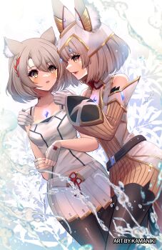 2girls animal_ears artist_name bob_cut bodysuit cat_ears cat_girl chest_jewel commentary english_commentary facial_mark fiery_hair grey_hair highres jumpsuit kamaniki leggings mio_(xenoblade) multiple_girls nia_(xenoblade) open_mouth shoulder_strap simple_background tank_top white_tank_top xenoblade_chronicles_(series) xenoblade_chronicles_2 yellow_bodysuit yellow_eyes yellow_jumpsuit