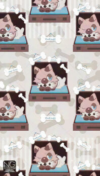 animal_focus blue_eyes bone brown_fur closed_mouth commentary dog gen_7_pokemon highres looking_at_viewer meme_(sleepsheep) nintendo no_humans one_eye_closed pokemon pokemon_(creature) pokemon_focus rockruff suitcase symbol-only_commentary tail