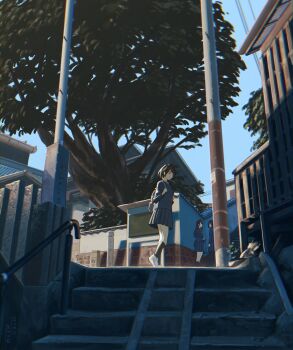 3girls absurdres bag black_shirt black_skirt black_socks brown_hair building buttons chromatic_aberration commentary dappled_sunlight day english_commentary faceless faceless_female highres looking_to_the_side mczk_riv26 medium_hair multiple_girls original outdoors scenery school_bag school_uniform shirt shoes skirt smile socks stairs sunlight tree utility_pole white_shoes wide_shot