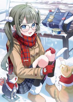 Rule 34 | 1girl, ahoge, animal hands, animal print, bag, bench, black socks, blue eyes, boots, breath, can, canned food, capelet, cat, cat hair ornament, cat print, cat teaser, checkered clothes, checkered scarf, checkered skirt, cold, commentary, dot nose, fang, fringe trim, fur boots, glasses, gloves, grey cat, hair ornament, hairclip, highres, holding, holding cat teaser, icicle, knee up, kneehighs, long hair, long sleeves, meowing, multicolored scarf, multiple cats, open mouth, orange cat, original, paw print, paw up, pet food, pleated skirt, pom pom (clothes), pom pom hair ornament, prock, red capelet, red gloves, red scarf, scarf, sitting, skirt, snow, socks, solo focus, tuxedo cat, twintails, untranslatable commentary, winter